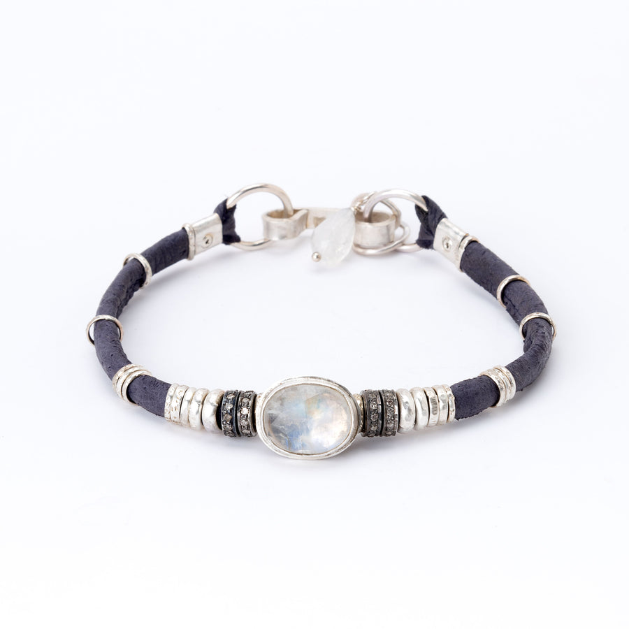 Moonstone & Pavé Diamond Purple Leather Bracelet