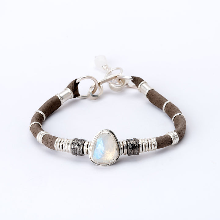 Moonstone & Pavé Diamond Graphite Grey Leather Bracelet