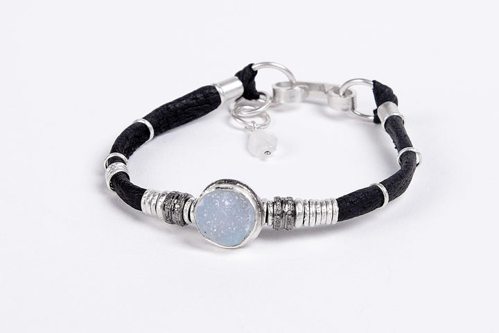 WHITE DRUZY AND PAVE DIAMOND INK BLACK LEATHER BRACELET