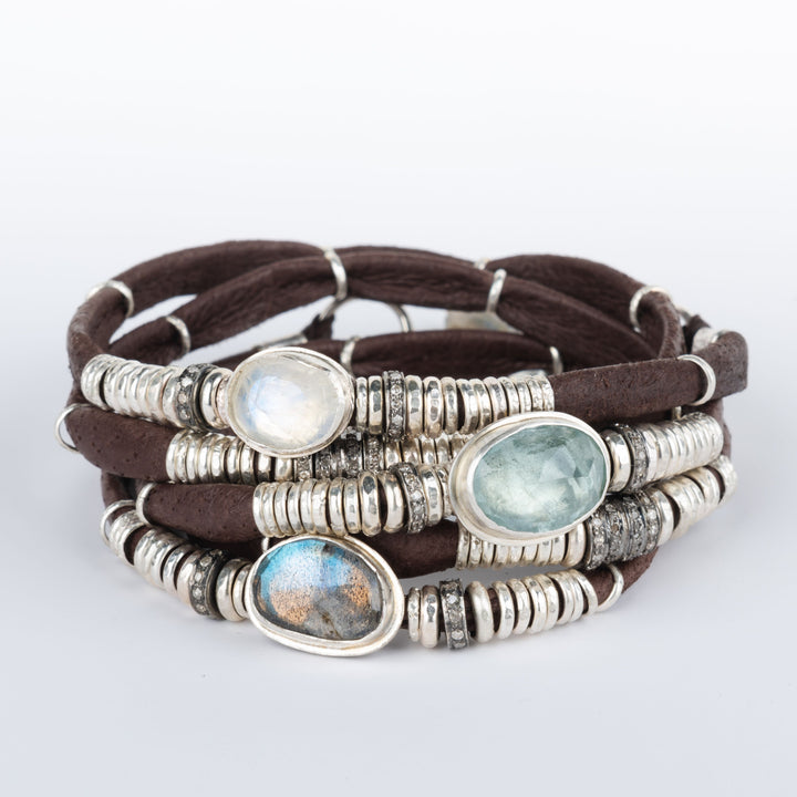 Blue Tourmaline, Labradorite, Moonstone & Pavé Diamond Chocolate Brown 5 Wrap Leather Bracelet
