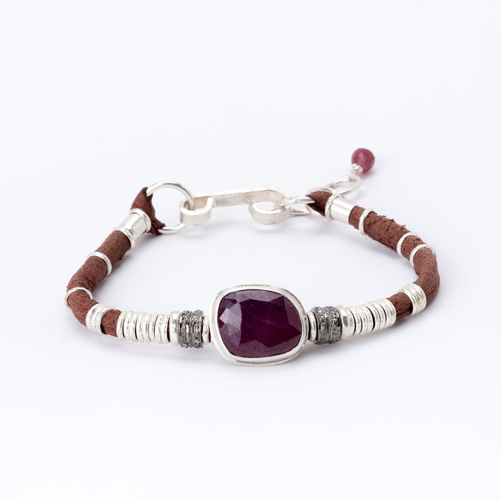 Ruby & Pavé Diamond Saddle Brown Leather Bracelet