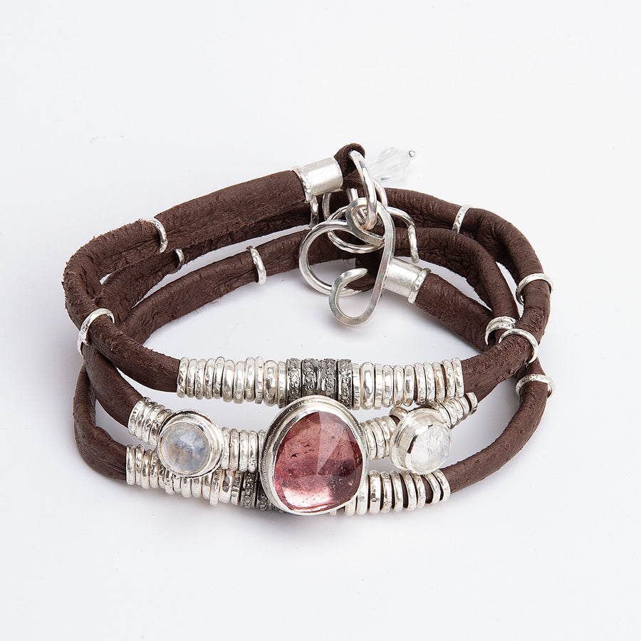 Pink Tourmaline, Moonstone & Pavé Diamond Chocolate Brown Leather Wrap